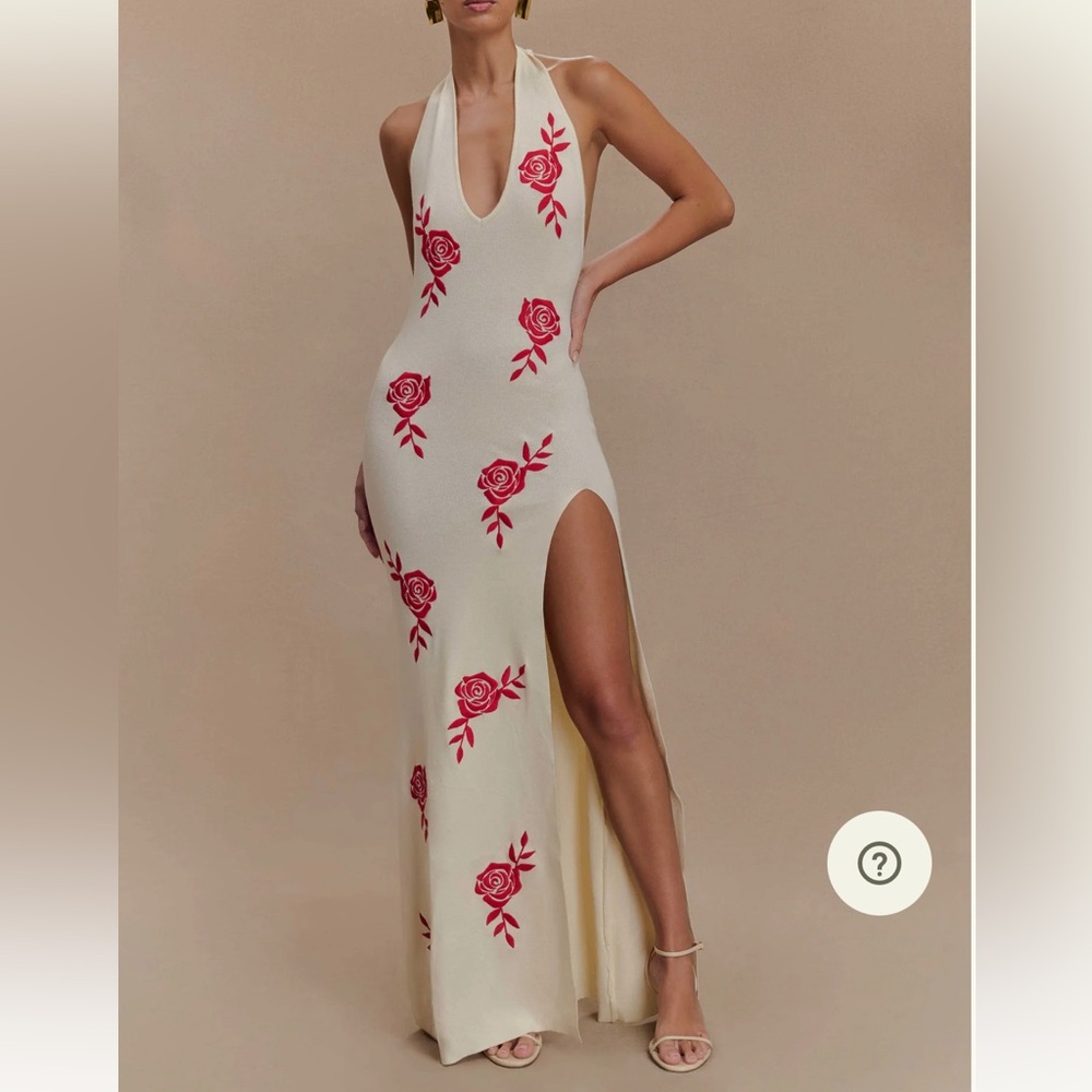 Meshki Cream Maxi Dress with Red Floral Accents
